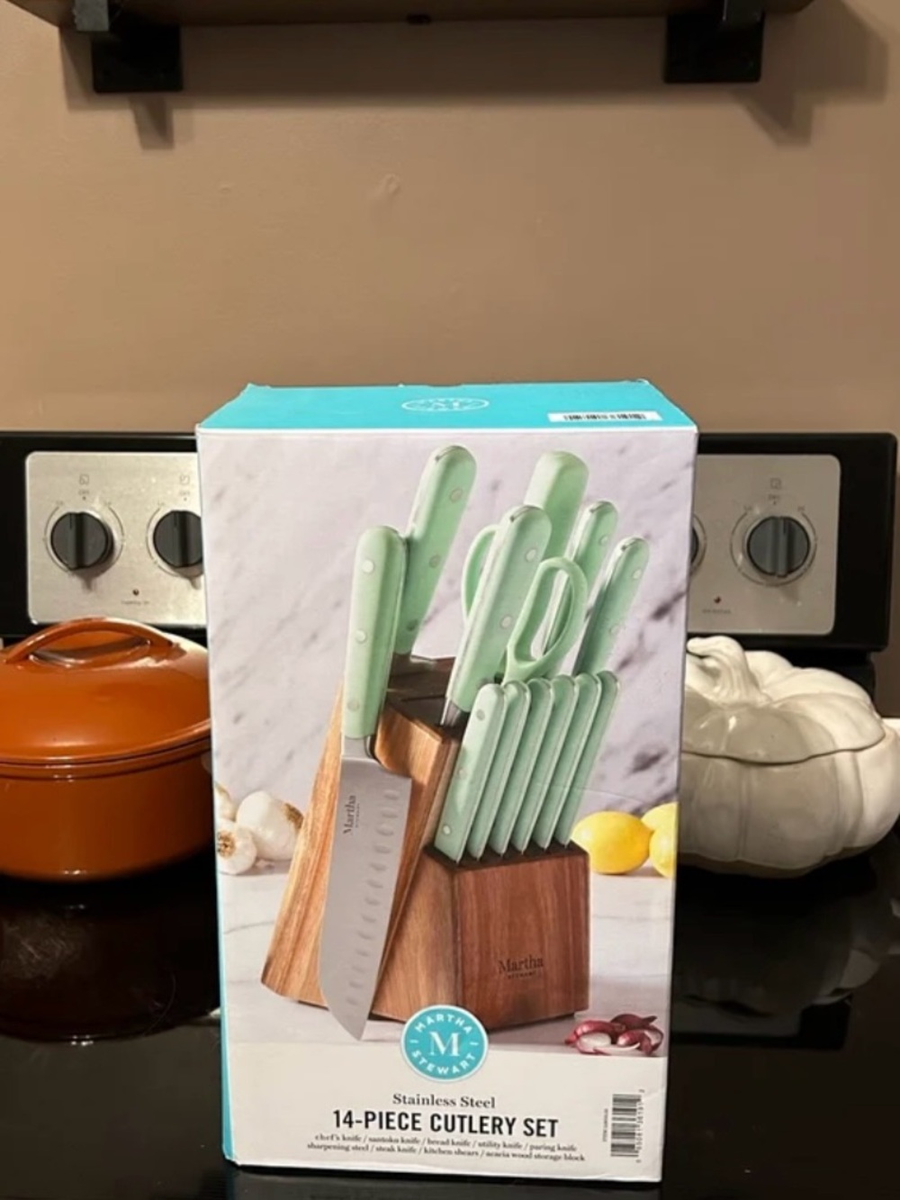 Martha Stewart Mint Green 14-Piece Cutlery Set with Wooden Block